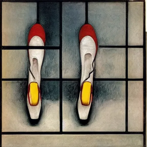 Prompt: a pair of running shoes by Piet Mondrian