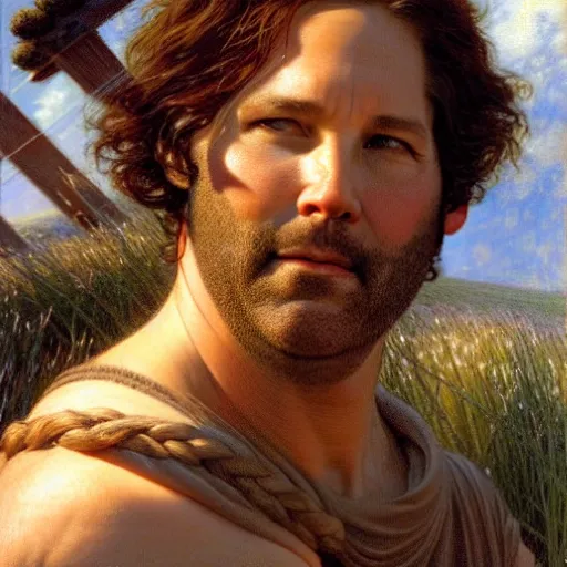 Prompt: muscular paul rudd as the biblical noah, ark in the distance natural lighting, path traced, highly detailed, high quality, digital painting, by gaston bussiere, craig mullins, alphonse mucha j. c. leyendecker, tom of finland