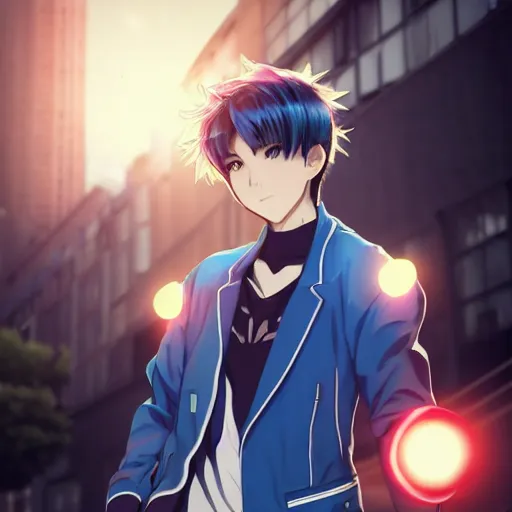 Image similar to very cool anime boy, short silver hair, azure blue watery eyes, full round face, seductive glances, wearing River City Ransom suit, lens flare, cinematic lighting, medium shot, mid-shot, highly realistically detailed, trending on pixiv, Unreal Engine 4k, Stanley Artgerm Lau, WLOP, Rossdraws, James Jean, Marc Simonetti