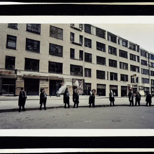 Image similar to wide-shot low-angle photo of empty!!! animated clothes (((heads))) at the street in New York, polaroid photo, by Andy Warhol, signed