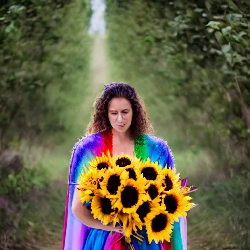 Image similar to photograph of a person in a rainbow cape holding a bouquet of sunflowers