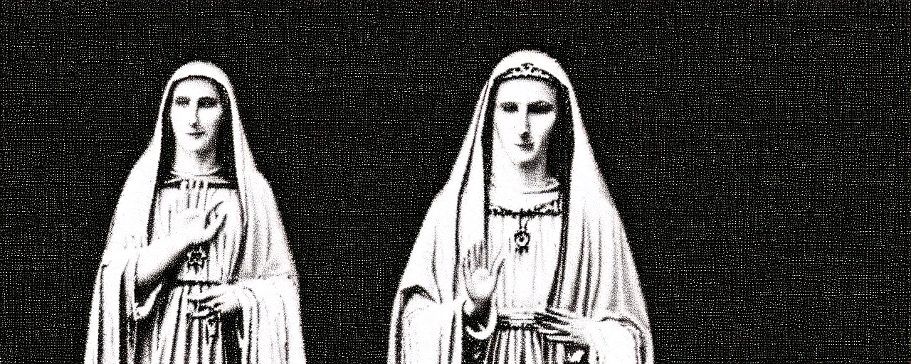 Image similar to vhs static overlay of marian apparition, vhs, 1 9 9 0, highly realistic, highly detailed, vhs noise static, black and white, vhs glitch