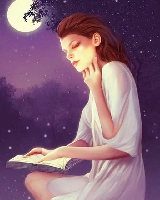 Prompt: milla jovovich in white nightgown reading a book by the river, a full moon on the horizon, dark starry sky, dreamy fantasy ambience with golden orbs and fireflies, detailed gothic illustration bright moon light, by charlie bowater, brom