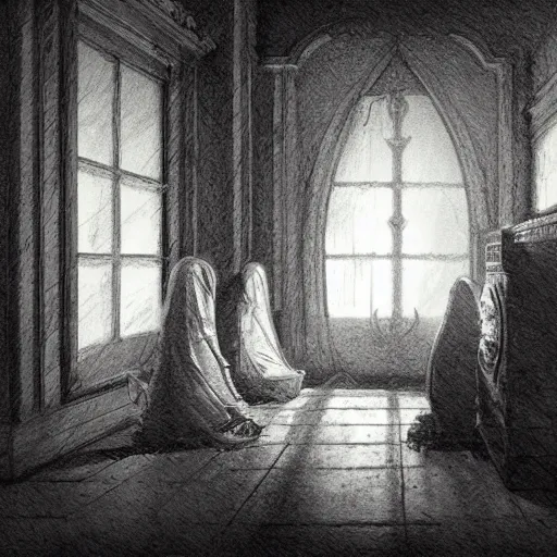 Image similar to close up of ghosts in a haunted house, pencil sketch, realistic shaded, fine details, realistic shaded lighting poster by greg rutkowski