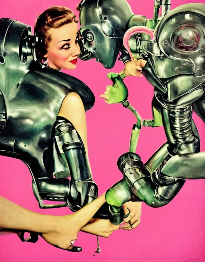 Prompt: a female housewife!!!! being hugged by a metal - suited!!! robot!!!!, 1 9 5 0 s horror film movie poster style, ( norman rockwell oil painting ), close - up, tight shot, retro science fiction, vintage, saturated pink and green lighting, shadowy lighting, cohesive!!, photogenic!!