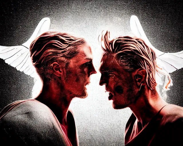 Image similar to devil and angel facing each other in mirrored pose, dramatic lighting, 8 k, high quality, hyper realistic, 3 5 mm photography, masterpiece