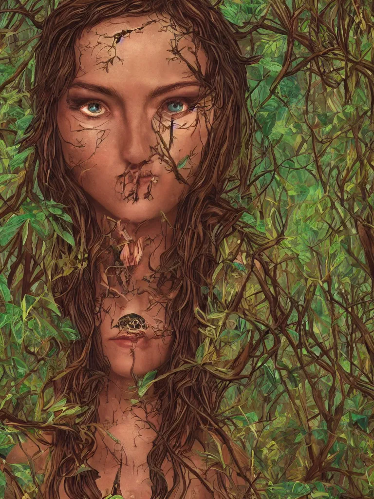 Prompt: lady of the forest, tarot, trending on artstation, striking eyes, symmetrical, 8k, incredible detail