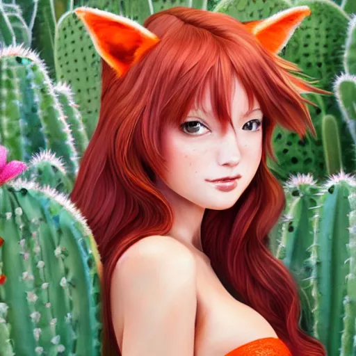 Prompt: Portrait of red-haired girl with fox ears and an evil grin in orange bikini holds a cactus cinematic lighting, intricate, elegant, highly detailed, digital painting, artstation, smooth, sharp focus, illustration, art by Yoshitaka Amano, artgerm