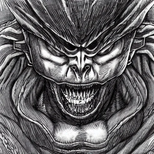 Prompt: a stunning illustration by kentaro miura of a frightening beast