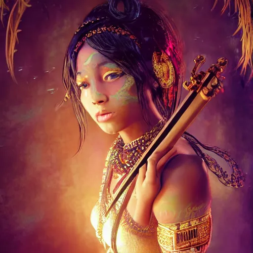 Image similar to the portrait, masked beautiful black aztec female violinist, exotic costumes, gold jewelry, black hair ， illustration by wenjun lin, irakli nadar, bright colors, octopath traveler, wenjun lin, unreal engine 5 highly rendered, global illumination, radiant light, detailed and intricate environment