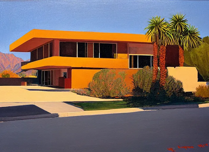 Image similar to painting of a richard neutra house in palm springs by wayne thiebaud