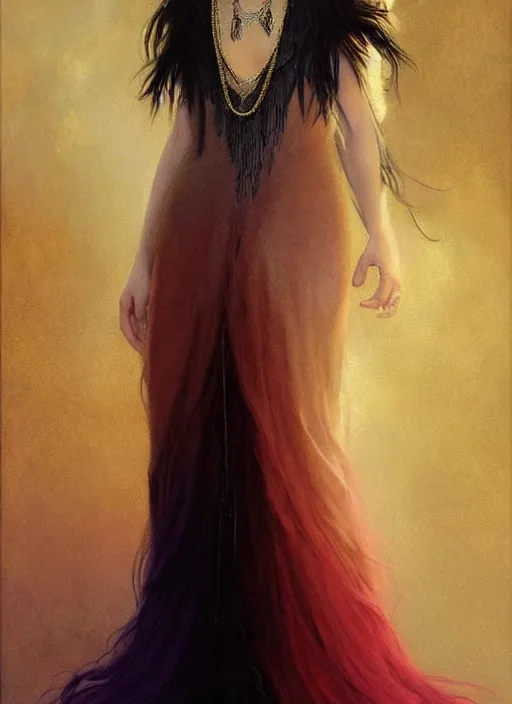 Image similar to ombre velvet gown, dark colors, feathers, lovely bohemian princess, portrait, dramatic light on face, long hair, tiara, dozens of jeweled necklaces, feral languid woman, by greg rutkowski, brom, anato finnstark, alphonse mucha