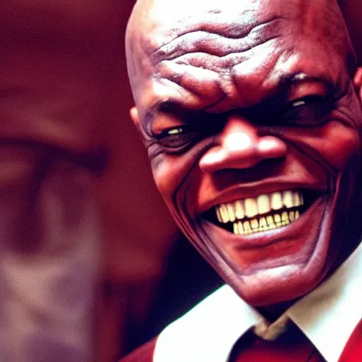 Image similar to a film still of Samuel L. Jackson starring as The Joker, 40mm lens, shallow depth of field, split lighting, cinematic