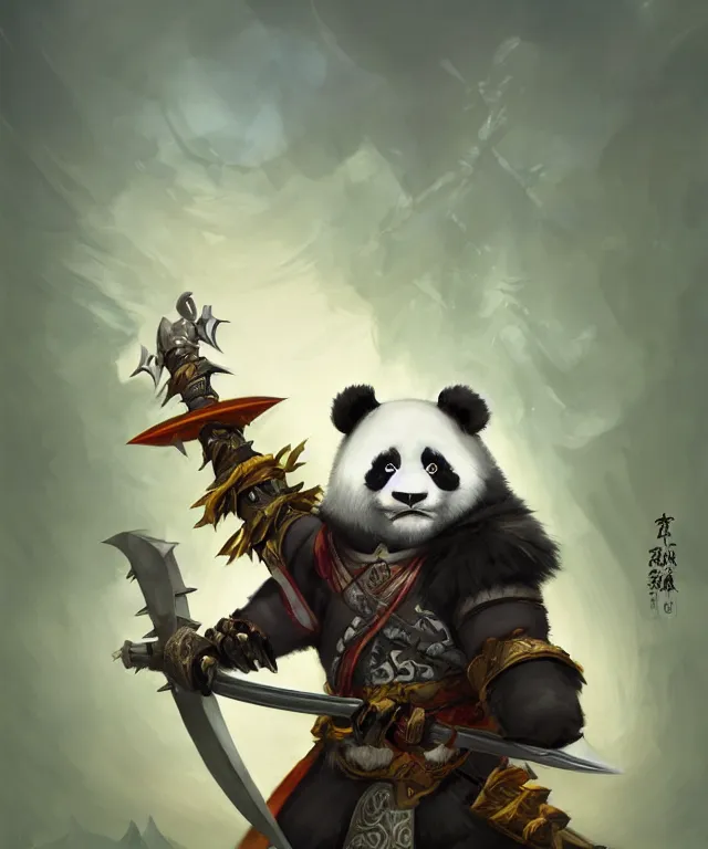 Image similar to a portrait an anthropomorphic panda samurai holding a katana, wearing armor with spiked shoulders, landscape in background, dnd character art portrait, world of warcraft style, by peter mohrbacher, cinematic lighting