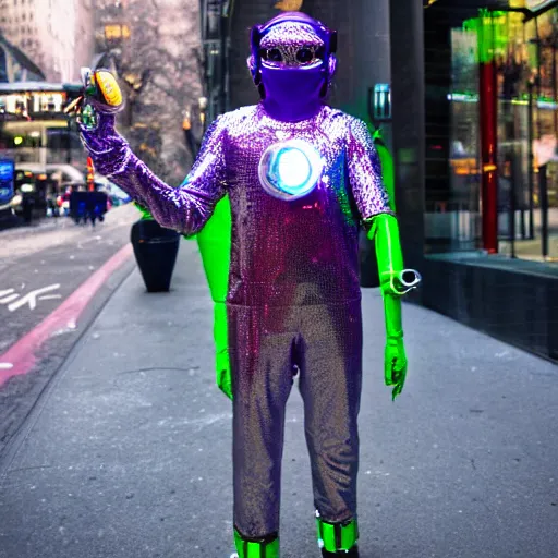 Image similar to nyc street photo, a futuristic android with limbs made out of stretchy rubber tubing mixed with shiny colorful giant intricate detailed chrome gauntlets and chest piece and discoball mask, wearing a long purple velvet cape, talking on a payphone, fog and mist