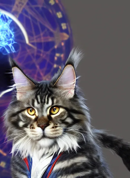 Image similar to film still of a Maine Coon as Doctor Strange in Avengers Endgame, 4k