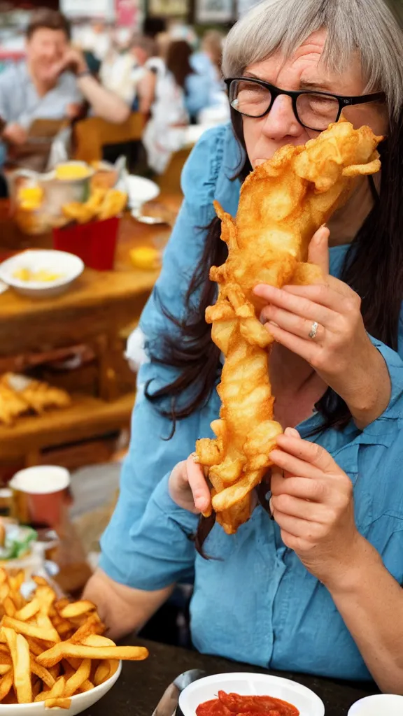 Prompt: a martin parr photo of a woman eating fish and chips, flash photography, close up