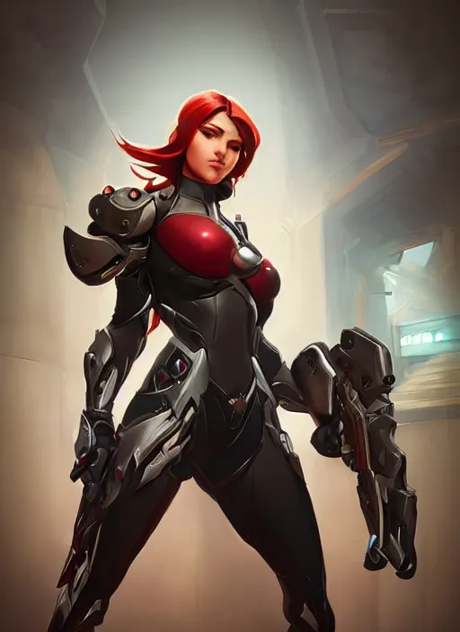 Image similar to poster!! beautiful new female character for overwatch, character concept art, action pose, illustration, full body armor, steel plating, huge weapon, super powers, athletic, long red hair, symmetry, intricate design, shiny, highly detailed, hd, dramatic lighting, art by artgerm and greg rutkowski