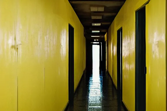 Prompt: an endless space of hallways with old yellow wallpaper from the 1970s lit by fluorescent lights