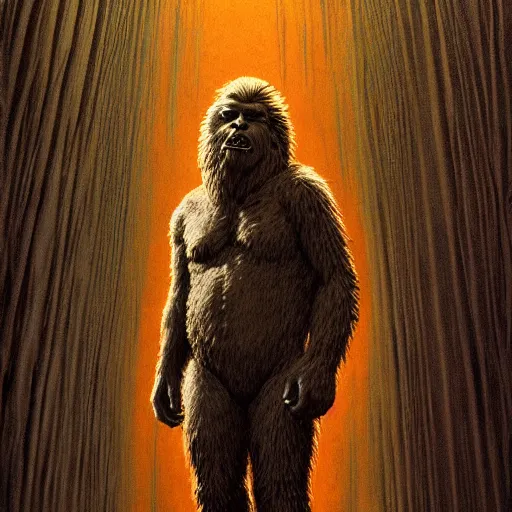 Image similar to cinematic portrait of a bigfoot, Intricate, desaturated, shepard fairey, Wayne Barlowe, Bruce Pennington, donato giancola, larry elmore, maxfield parrish, Moebius, Thomas Ehretsmann, screen print, gouache painting, masterpiece, trending on artstation, cinematic composition, dramatic pose, volumetric lighting, sharp, details, hyper-detailed, HD, 4K, 8K