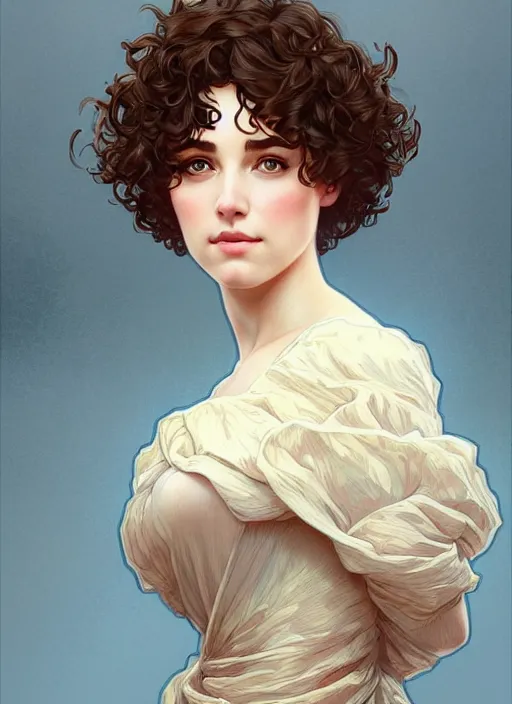 Prompt: a woman with short curly hair, round face, cottagecore!!, river, trees, intricate, elegant, highly detailed, digital painting, artstation, concept art, smooth, sharp focus, illustration, art by artgerm and greg rutkowski and alphonse mucha