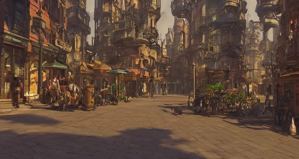 Image similar to steampunk city streets by don bluth, trending on artstation, octane render