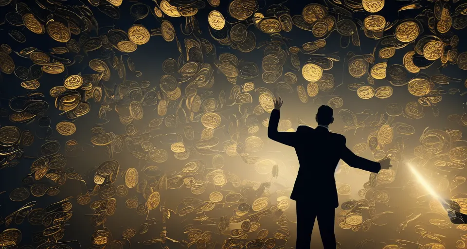 Image similar to Dramatic photo of a CEO waving goodbye to a group of silhouettes of his coworkers in a futuristic office. Golden coins are levitating all around them. 8k, high detail, trending on Artstation, volumetric lighting, cyberpunk