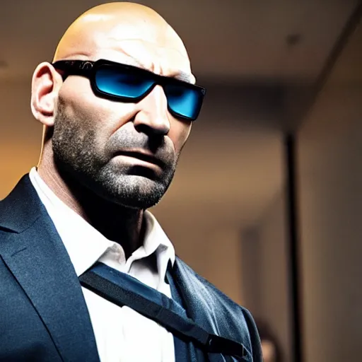 Image similar to Dave Bautista as Gunther Hermann, film still from Deus Ex movie, detailed, 4k