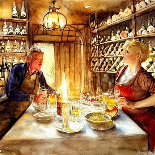 Image similar to hot blonde working in a wine cellar, food, pork, beer, schnapps, rustic, traditional, torches on the wall, watercolor by vladimir volegov and carl larsson