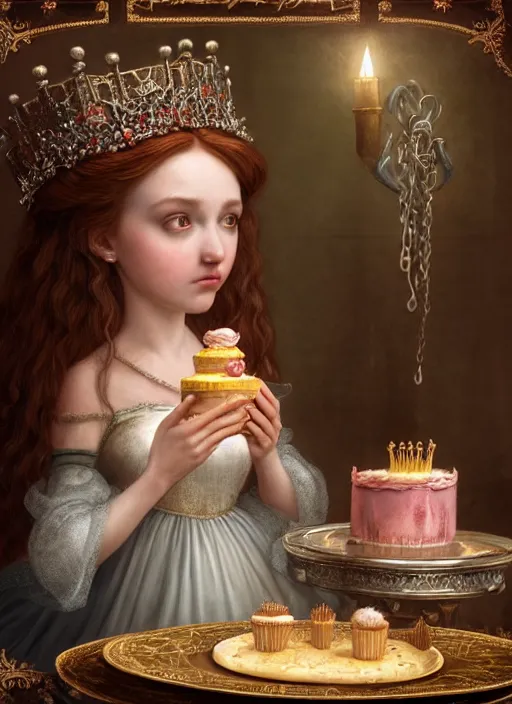 Image similar to highly detailed closeup portrait of an irish fairytale medieval princess eating cake, unreal engine, nicoletta ceccoli, mark ryden, lostfish, earl norem, global illumination, god rays, detailed and intricate environment