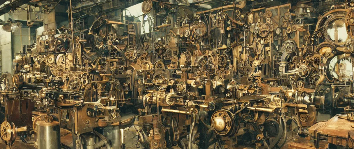 Prompt: movie still 4 k uhd 3 5 mm film color photograph of an steampunk workshop full of xix century differential machines