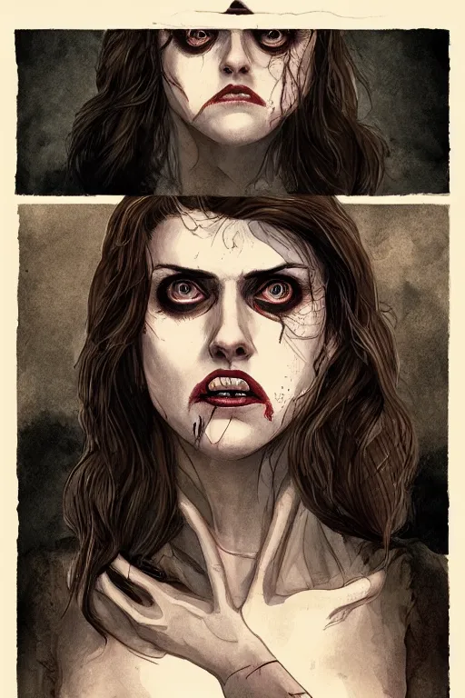 Image similar to alexandra daddario in sleepy hollow, full body, big two toned eyes, teeth gritted, horror, intricate details, cinematic, epic, realistic, anatomy, tomer hanuka, uplight, artstation, photorealistic, scary