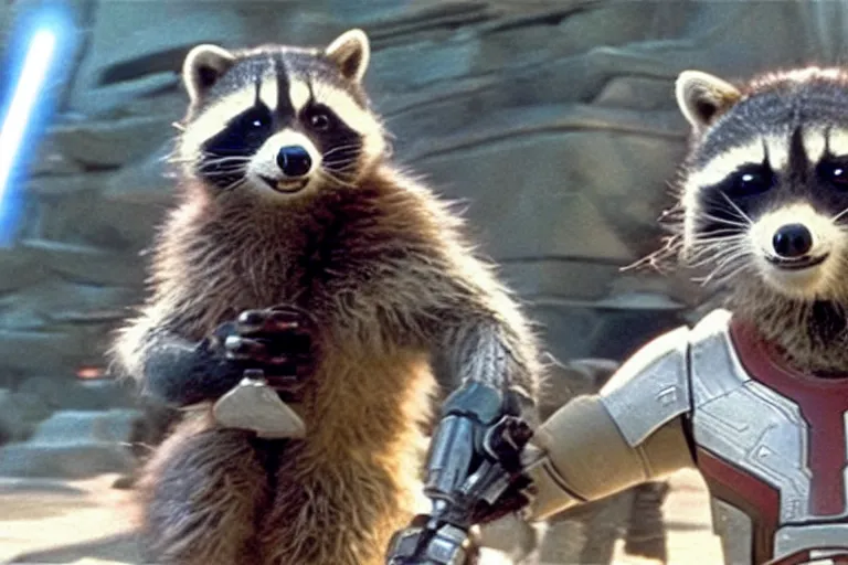Prompt: marvel rocket racoon in a still of the movie star wars episode i the phantom menace ( 1 9 9 9 )