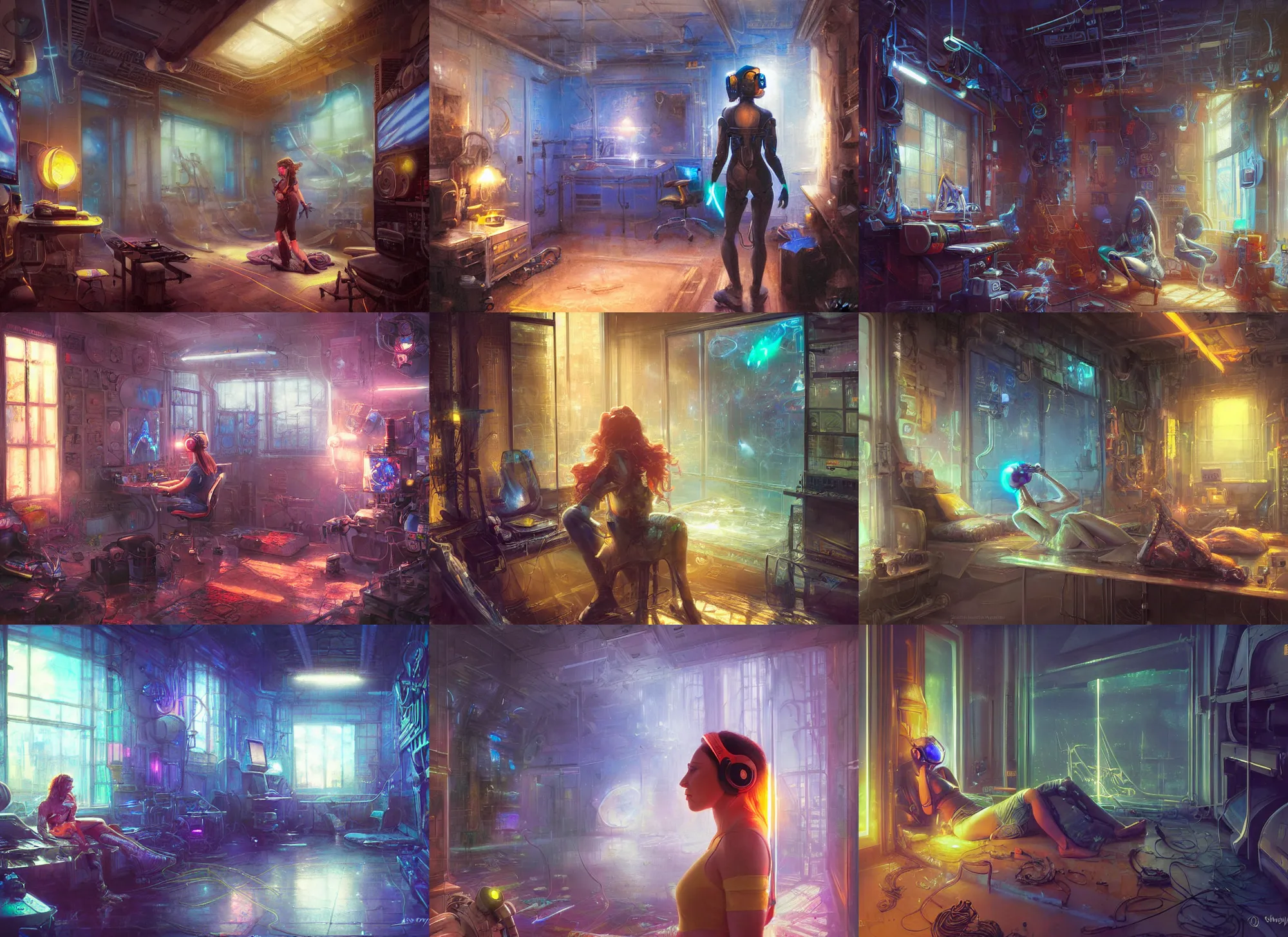 Prompt: futuristic dirty empty room, person laying in the corner wearing a neon headset, intricate, highly detailed, shallow depth of field, epic vista, Ralph Horsley, Daniel F. Gerhartz, Artgerm, Boris Villajo, Lilia Alvarado