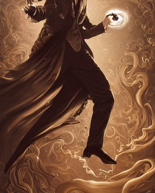 Image similar to a highly detailed portrait of devious male magician radiating a powerful energy aura, ornate back tuxedo, wispy tendrils of smoke, swirling vortex of energy, performance art, intricate, digital painting, old english, raining, sepia, particles floating, whimsical background by marc simonetti, digital art by artgerm and greg rutkowski and alphonse mucha