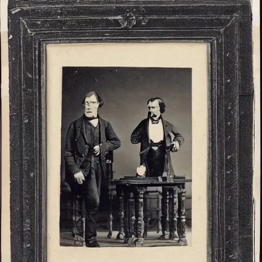 Prompt: realistic naturalist richard owen and naturalist thomas henry huxley standing over antique table with anatomical monkey skulls, victorian, carte de visite