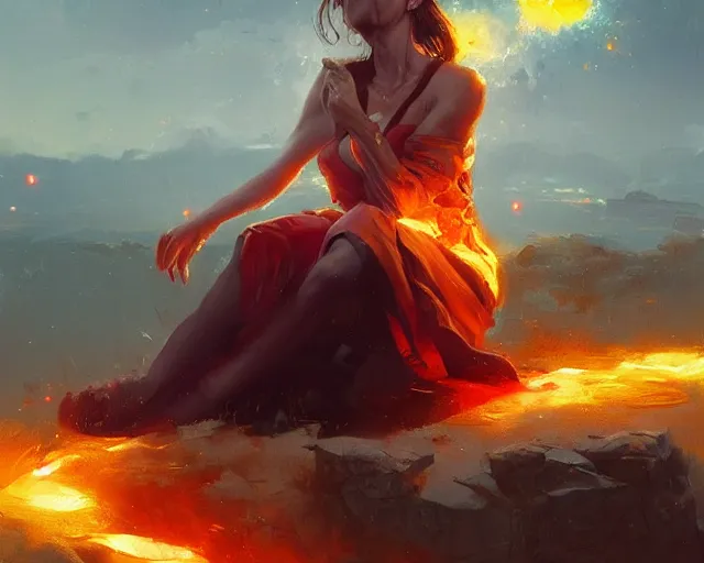 Prompt: a beautiful mage woman sitting on a rock watching explosions, expressive oil painting, fiery explosions, by greg rutkowski, by wlop, trending on artstation, beautiful body, vivid composition