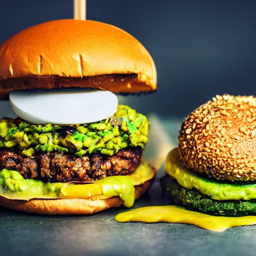 Prompt: juicy vegan hamburger topped with guacamole, fried onion and a fried egg, crispy buns, 8 k resolution, professional food photography, studio lighting, sharp focus, hyper - detailed