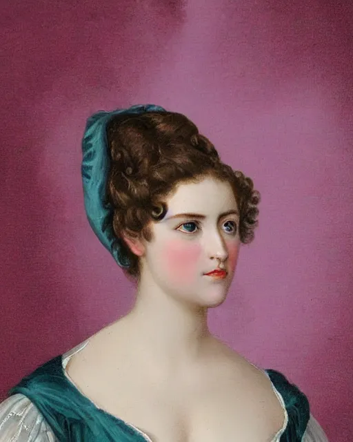 Prompt: regency portrait en buste of annasophia robb violet beauregarde leslie burke by Hughes Merle, perfectly detailed eyes, realistic fabric, abundant detail