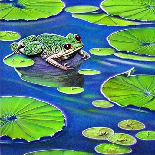 Prompt: perfect frog pattern realistic lily pads in a lake intricate, hyper detailed, realistic, oil painting