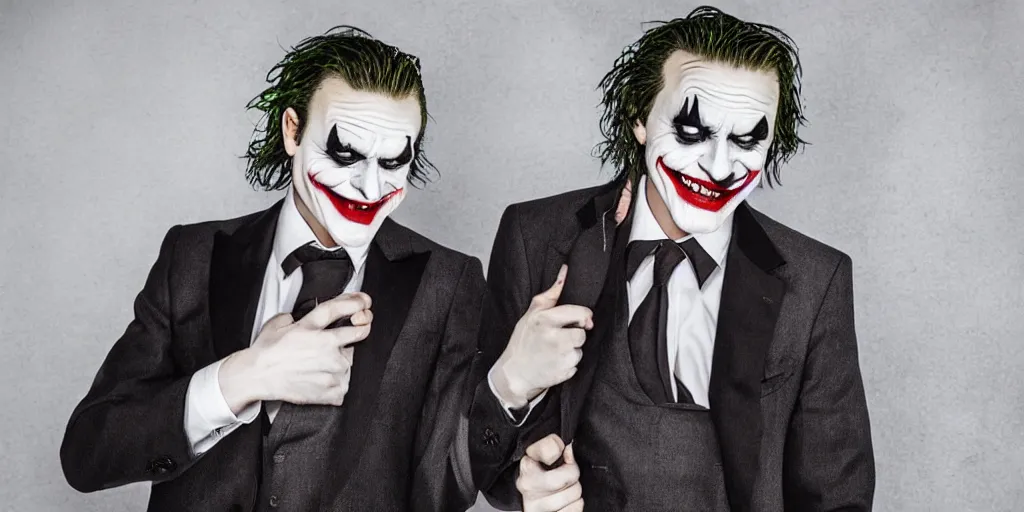 Image similar to joker wearing a suit style, photograph, grinning, creepy,