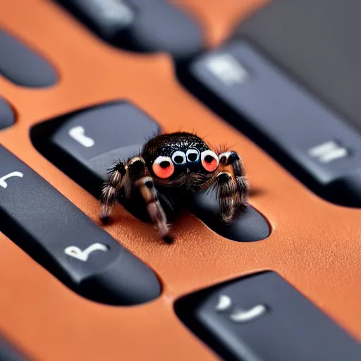 Image similar to a jumping spider pressing his tiny keyboard keys, by pixar, macro lens, iridescent, character concept art grid