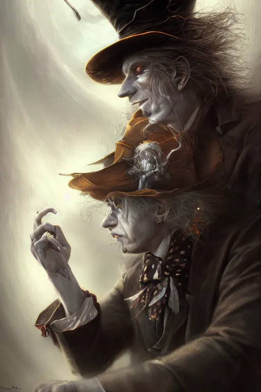 Image similar to mad hatter, portrait of a man, by wlop, by luis royo, by peter mohrbacher, concept art, digital illustration, intricate, masterpiece, elegant, super detailed, unreal engine rendering, smooth, sharp focus, artstation hq