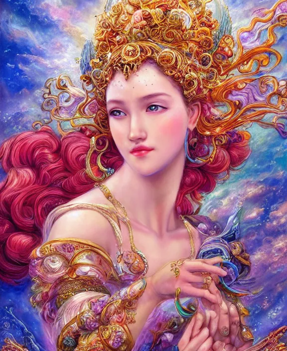 Image similar to a celestial goddess being lazy on her day off catching up on social media, magic realism, art by josephine wall, art by huang guangjian, art by viktoria gavrilenko, art by amanda sage, trending on artstation