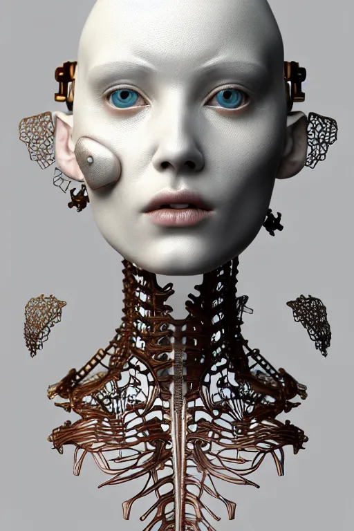 Prompt: complex 3d render ultra detailed of a beautiful porcelain Grimes face, biomechanical cyborg, analog, 150 mm lens, beautiful natural soft rim light, big leaves and stems, roots, fine foliage lace, silver dechroic details, massai warrior, Alexander Mcqueen high fashion haute couture, pearl earring, art nouveau fashion embroidered, steampunk, intricate details, mesh wire, mandelbrot fractal, anatomical, facial muscles, cable wires, microchip, elegant, hyper realistic, ultra detailed, octane render, H.R. Giger style, volumetric lighting, 8k post-production