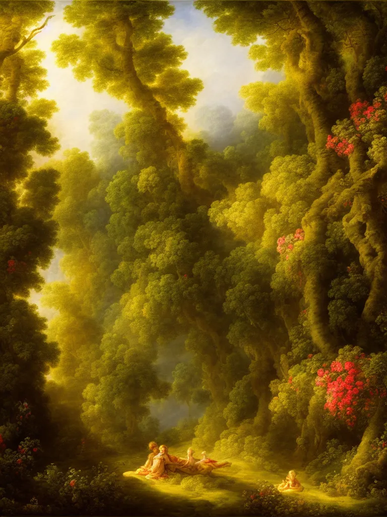 Image similar to painting backdrop of a lush forest, volumetric light, afternoon, light wind, wild flowers, chiaroscuro, john longstaff, jean - honore fragonard, francois boucher, anna dittmann, 4 k, 4 k