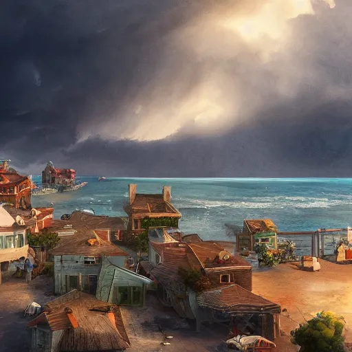 Prompt: a watercolor illustration of a cozy seaside village with a menacing storm cloud on the ocean horizon, octane render, highly detailed, masterpiece, by anthony micallef