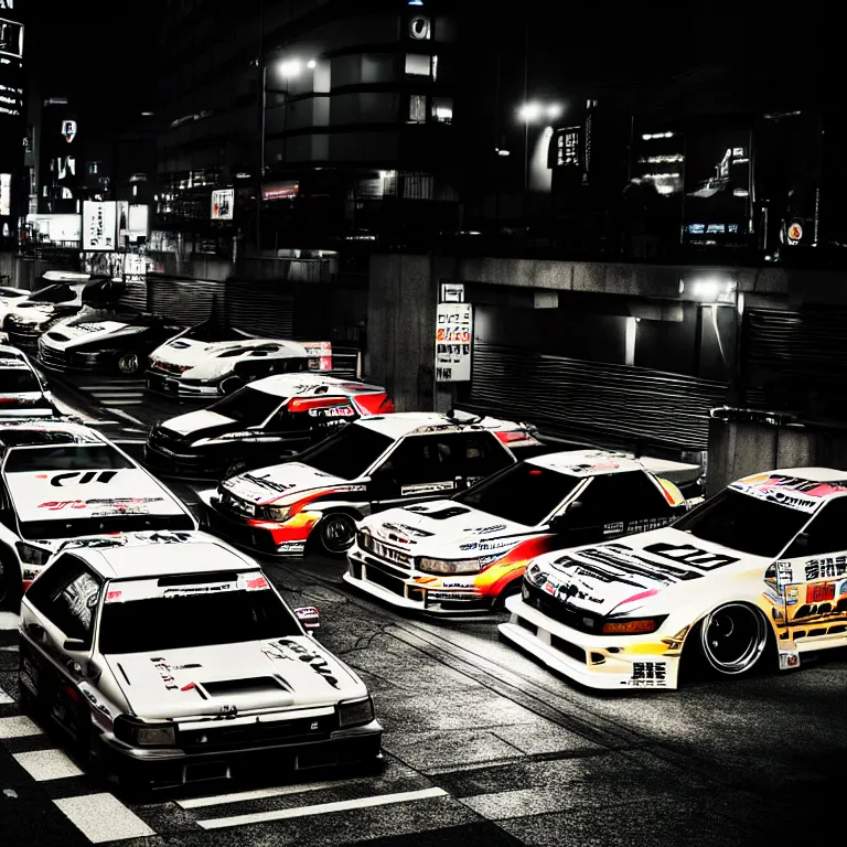 Image similar to a car JDM Drift illegal meeting, detailed-wheels, Shibuya prefecture, cinematic lighting, photorealistic, highly detailed, night photography