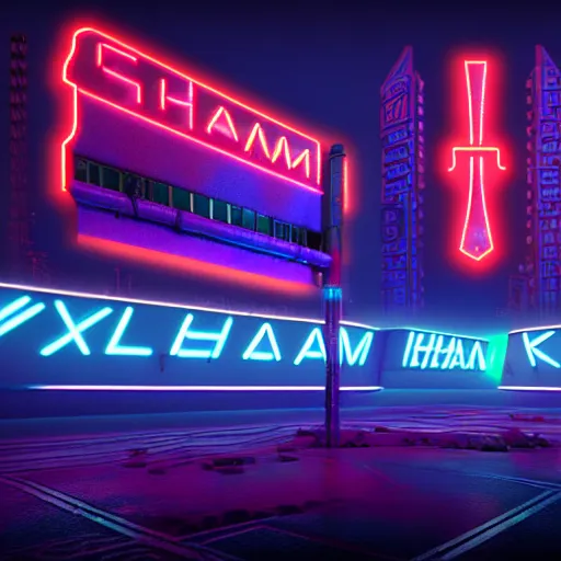 Image similar to shaman cyberpunk, shaman totems, shaman symbols, shaman architecture, neon billboards, neon lights, photorealistic, vfx, elegant, ultra sharp lines, 4 k, unreal engine 5, octane render, extreme contrast