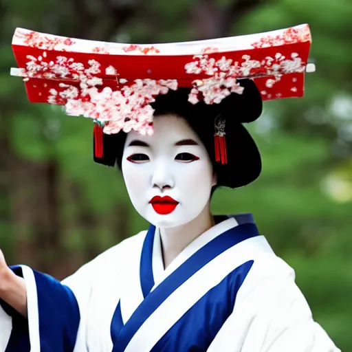 Image similar to gorgeous Japanese geisha, white makeup, red lips, kimono, full body, kyoto, high detail,